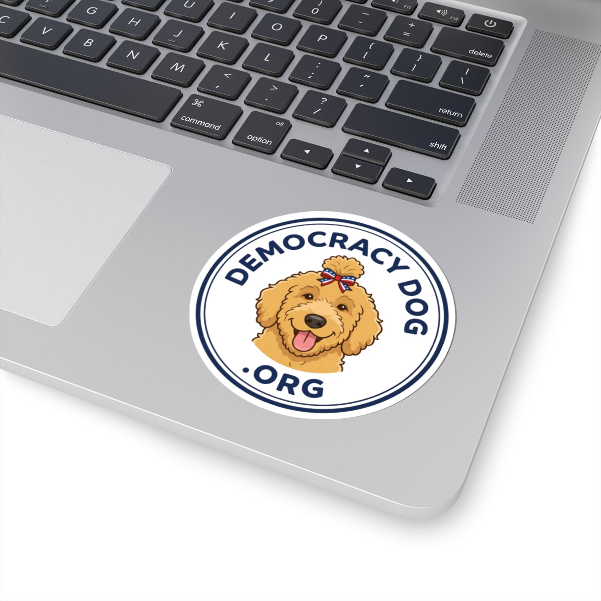 DemocracyDog .Org Kiss-Cut Sticker — Patriotic Goldendoodle Laptop Decal