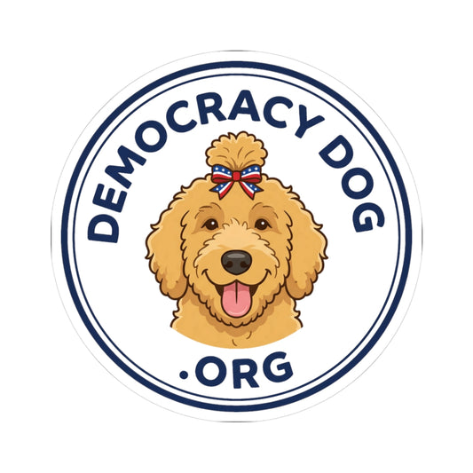 DemocracyDog .Org Kiss-Cut Sticker — Patriotic Goldendoodle Laptop Decal